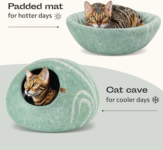 MEOWFIA Cat Cave – Premium Felt Cat Enclosure for Indoor Cats, Handmade Merino Wool (Pistachio, Medium)