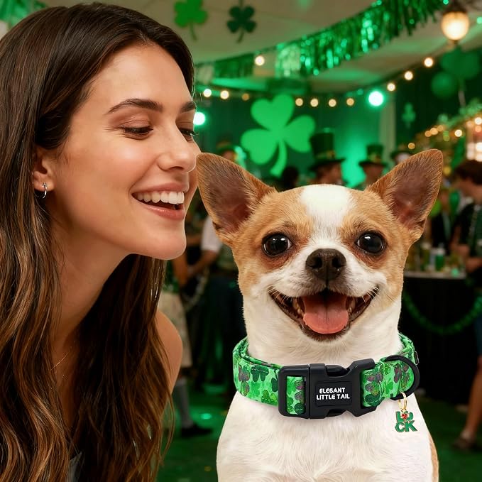 Elegant little tail St Patrick's Dog Collar - Green Cute Clover Cotton Shamrock Pet Collar Trefoil Adjustable Cotton Pet Collar with Quick Release Buckle for Large Dogs