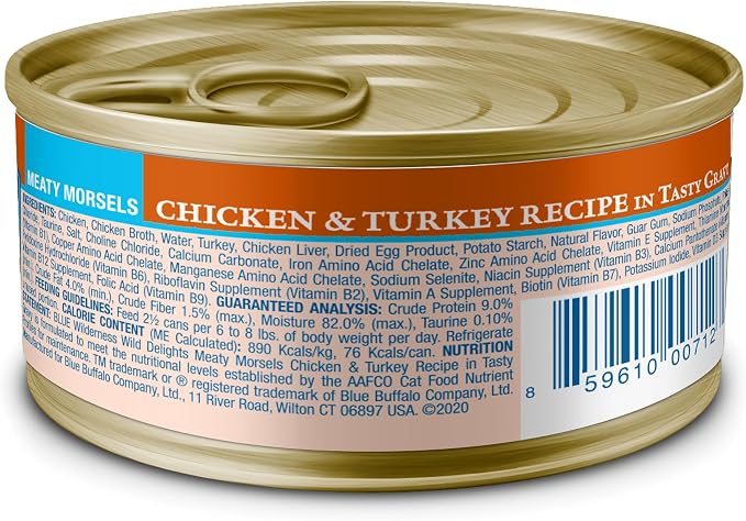 Blue Buffalo Wilderness Wild Delights Meaty Morsels Chicken & Turkey in Tasty Gravy Adult Wet Cat Food, High-Protein & Grain-Free Recipe with Natural Ingredients, 3-oz. Cans (24 Count)