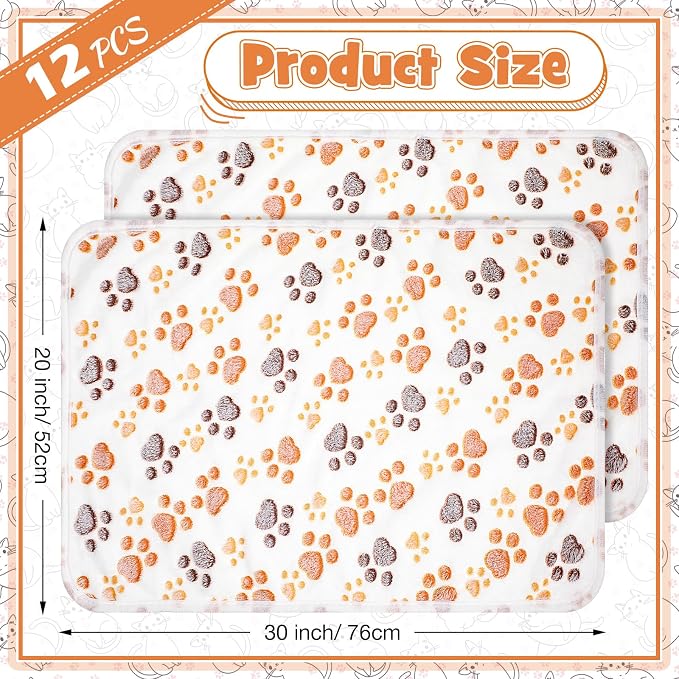Tegeme 12 Pcs Pet Blankets 30 x 20 Inch Soft Fluffy Fleece Dog Cat Warm Paw Print Pattern Blankets Flannel Throw for Pets Dog Puppy Cat(White)