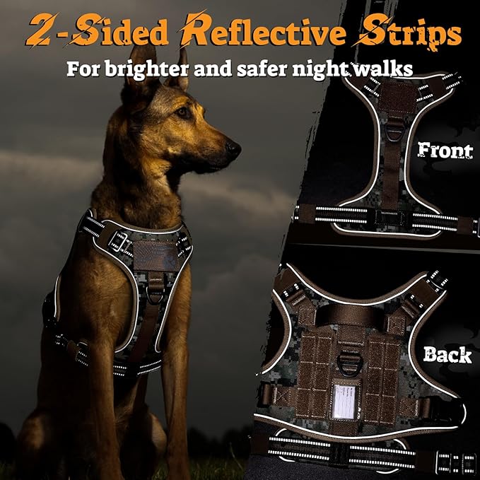 rabbitgoo Tactical Dog Harness for Large Dogs No Pull Adjustable Military Vest with Handle MOLLE Reflective Heavy Duty Dog Vest for Walking Training Hunting Outdoor Medium Size Dog Brown Camo L