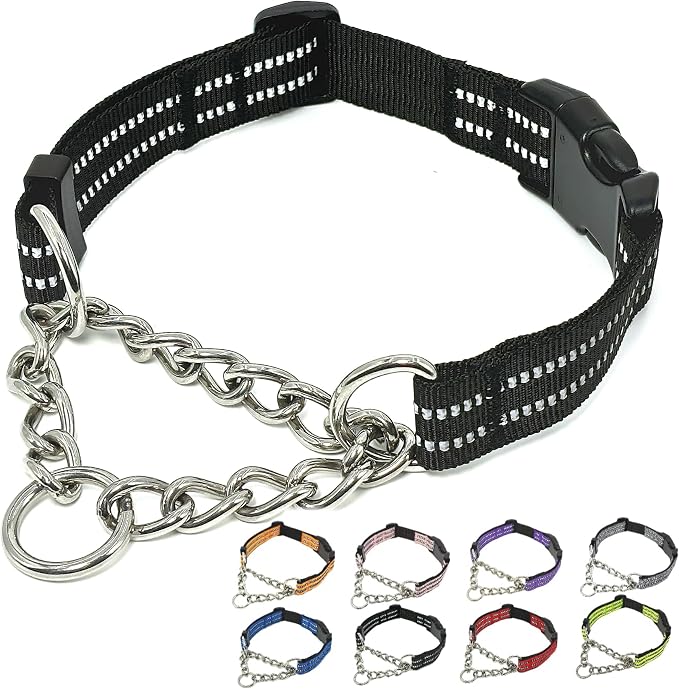Martingale Dog Collars, Reflective Nylon Collar with Stainless Steel Chain, Adjustable Walking Training Dog Collars with Quick Release Buckle, Suitable for Small Medium Large Dogs(Black,XL)