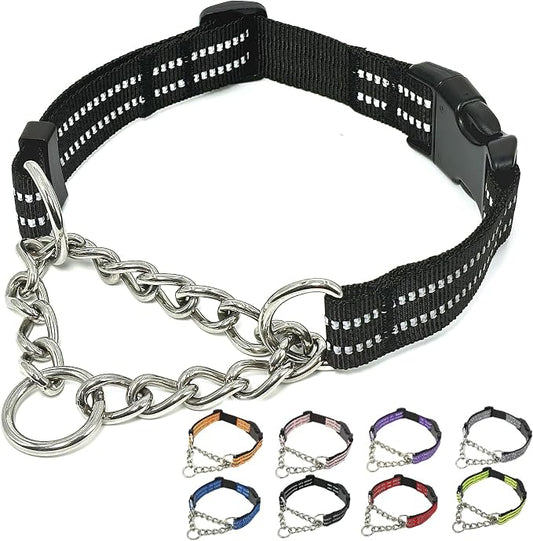 Martingale Dog Collars, Reflective Nylon Collar with Stainless Steel Chain, Adjustable Walking Training Dog Collars with Quick Release Buckle, Suitable for Small Medium Large Dogs(Black,XL)