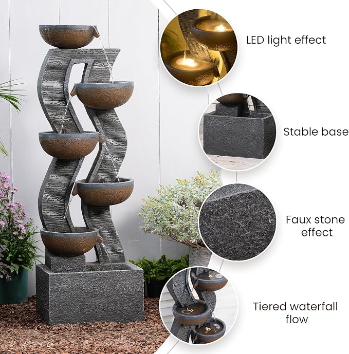 52.8" Tall Outdoor Water Fountain with Lights, 6-Tier Cascading Resin Waterfall Feature for Porch, Garden, Yard, Deck, Patio – Large Freestanding Outdoor Fountain and Waterfall Outside Decor