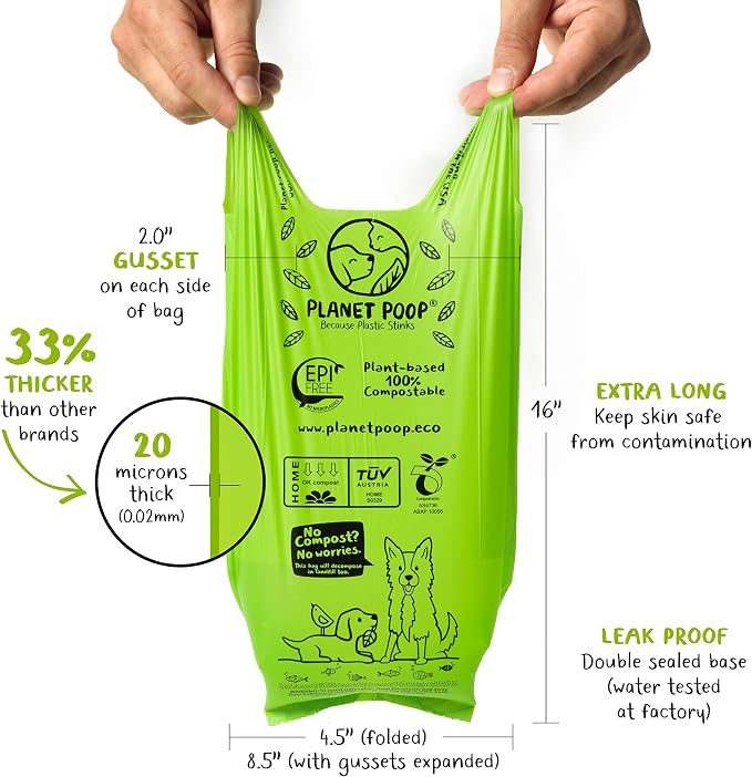 PLANET POOP Home Compostable Dog Poop Bags Extra Long with Handles | Large Single Roll 200 Count Grab & Go | Un-scented Waste Bag | Leakproof Doggy & Cat Bags | Plant-Based Pet Supplies
