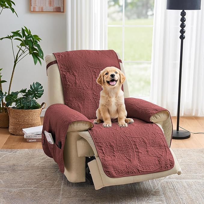 Red Quilted Recliner Chair Covers, Waterproof Medium Chair Covers, Lazy Boy Chair Covers, Pet Friendly Recliner Slipcover for Dogs Cats, Washable Furniture Protector (Recliner 26", Red)