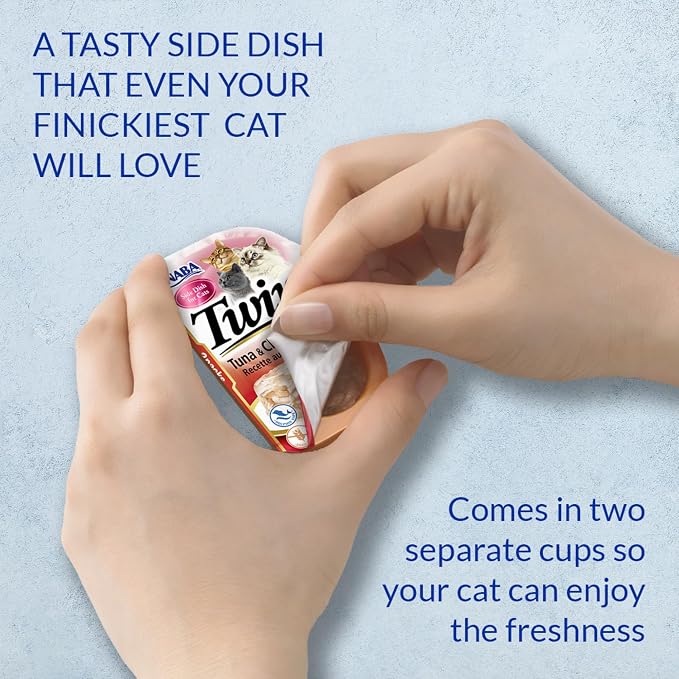 INABA Twins for Cats, Shredded Chicken & Broth Gelée Side Dish/Topper Cups with Green Tea Extract, 1.23 Ounces per Serving, Tuna & Chicken with Scallop Recipe, (Pack of 24)