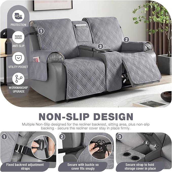 TAOCOCO Loveseat Recliner Cover with Center Console, 100% Waterproof Pet Covers for Dual Recliner with Straps Design, Split Reclining Loveseat Cover Furniture Pet&Kids Protector (2 Seater, Gray)