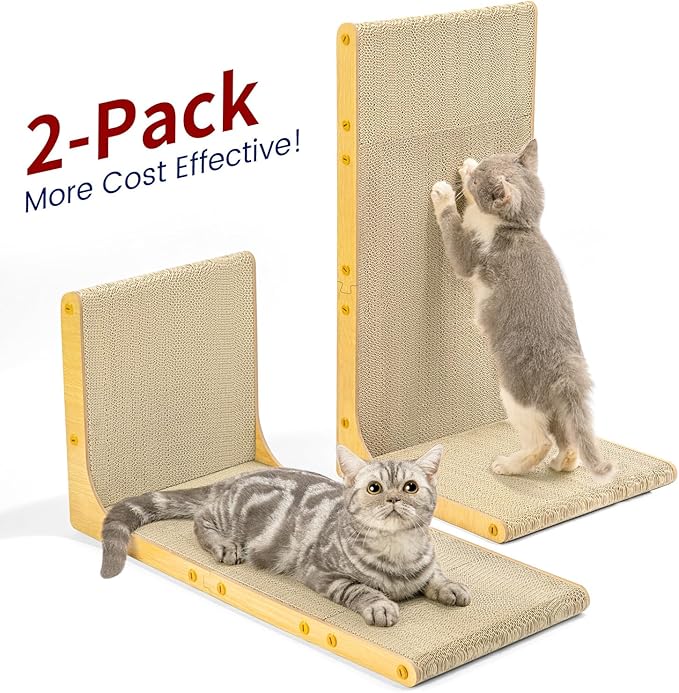 Conlun Cardboard Cat Scratcher, 23" L-Shaped Scratch Pad, Vertical Wall-Leaning Scratching Board to Protect Furniture for Indoor Cats,Wood Grain Large,2-Pack