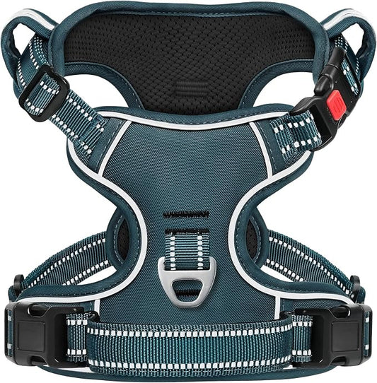 Timos Dog Harness Large Sized, No Pull Pet Harness with Neck Lockable Snap, No Choke Front Clip Reflective Vest, Adjustable Metal Rings 3 Buckles, Easy Control Handle for Large Dogs Blackish Green L