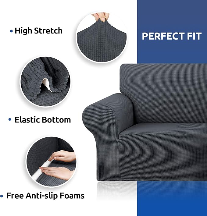 KEKUOU Stretch Sofa Cover Slipcover ，Couch Covers for 3 Cushion Couch Sofa pet Friendly (78"-94") Furniture Protector Sofa with Elastic Bottom for Kids,Dog, Jacquard Small Checked(Large,Charcoal)