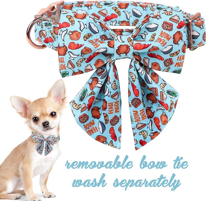 Unique Style Paws Thanksgiving Day Dog Collar with Bowtie Blue Turkey Cotton Puppy Collars for Small Medium Large Dogs