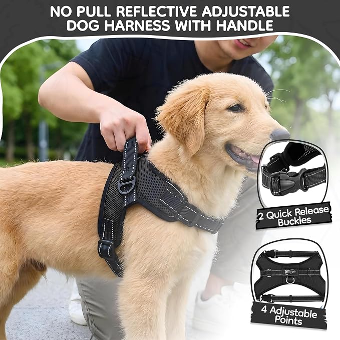 No Pull Reflective Adjustable Dog Harness with Handle- Comfortable Soft All Weather Mesh, Easy On Puppy Harness for Small Medium and Large Dogs (Black) Small