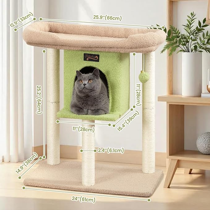 Cat Tree Tower Scratching Post for Indoor Large Cats, Small Cat Tree with Big Perch Bed, 28in Tall Trees House with Condo Cave, Toy Balls, Modern Climbing Furniture Platform for Kitten (Green)