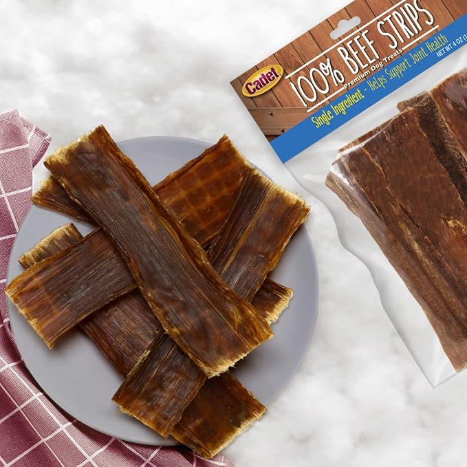 Cadet 100% Beef Strips Dog Treats, Single Ingredient Beef Esophagus Dog Jerky, Healthy High Protein Rawhide Alternative for Small & Large Dogs, 4 Ounce