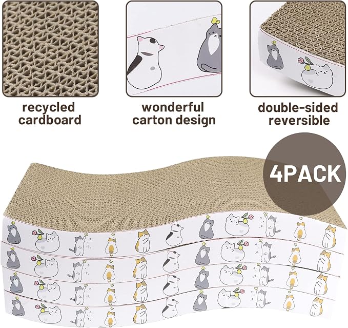 PatiencET Cat Scratcher Cardboard 4 Pack Cat Scratch Pad Reversible Scratcher Texture Curve Design Durable Cat Scratchers for Indoor Cats Lounger Sofa