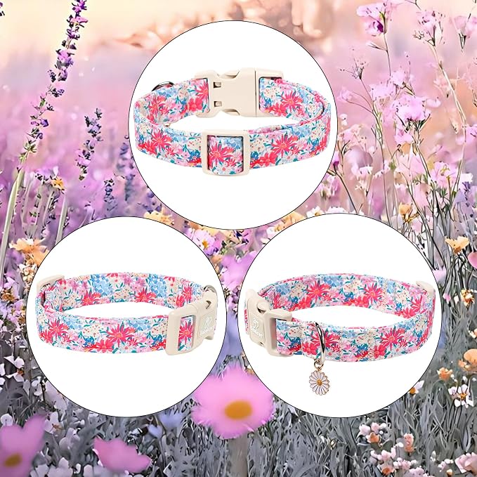 Floral Dog Collar Cute Spring/Summer Dog Collars for Medium Dogs - Lightweight Adjustable Pastel Wildflower Male Female Dogs Everyday Collar with Safety Buckle M