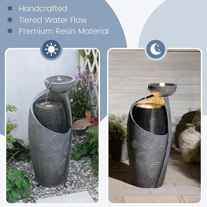 Jar Indoor Water Fountain - Outdoor Decor Garden Vase Waterfall 31.8" Cascading Water Feature with Lights Watefall Fountains for Porch, Patio, Backyard, Deck, Home Gift,Grey