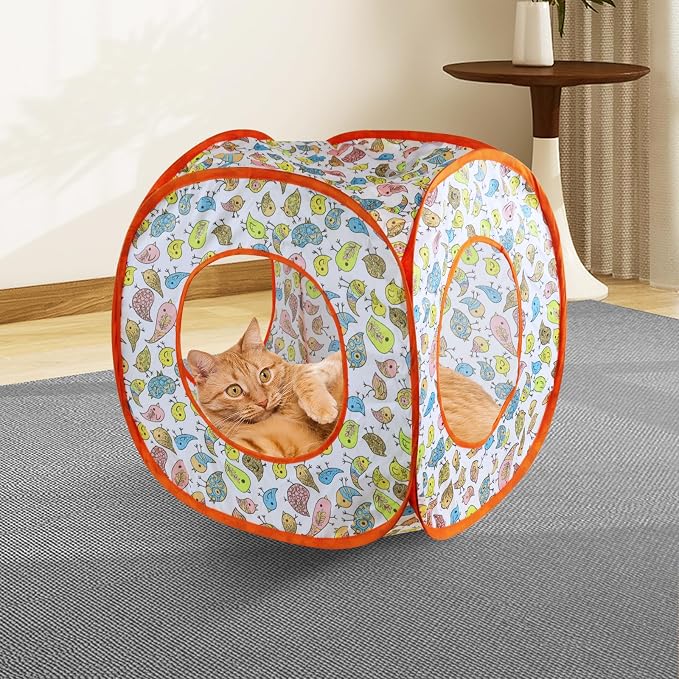 Andiker Cat Tent, 3 Holes Safe and Strong Cute Cats Tunnel Collapsible Easy to Carry Cat House for Indoor Cats Kittens Hiding Playing Training Sleeping (Square Bird)
