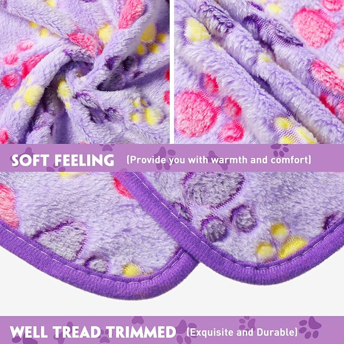 Tatuo 4 Pack Fleece Dog Blankets for Puppy Cats Multi-Size Sleep Mat for Pet Guinea Pig Soft Washable Warm Crate Bed Puppy Teething Toys Print Pattern Blanket Indoor(Purple,24 x 16 Inch,Paw)