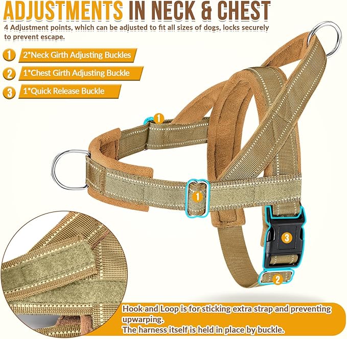Lukovee No Pull Dog Harness and Leash Set - Adjustable Soft Padded Vest with Front Clip for Easy Control, Reflective Durable Harness for Safe Daily Training Walking for Medium Large Dogs (M, Tan)