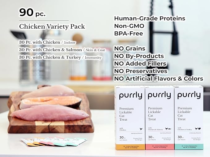 Purrly Low Calorie Premium Lickable Cat Treat Topper Healthy Chicken Variety Bundle (90 Count) Human-Grade Protein with Functional Nutrients Wet Squeeze Creamy Purée Grain-Free Non-GMO Low-Phosphorus
