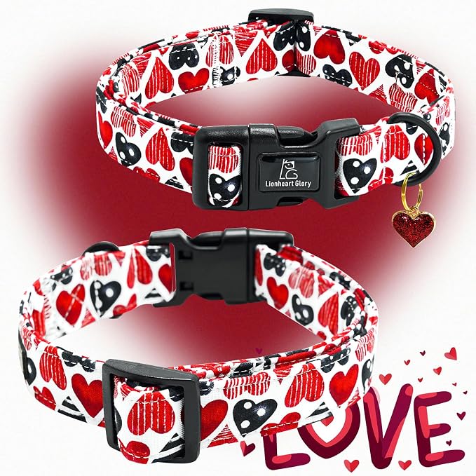 Lionheart glory Valentine's Dog Collar-Red Hearts Cute Spring Dog Collar for Medium Dogs Female Male Adjustable Heavy-Duty Dogs Collar Holiday Pet Gift