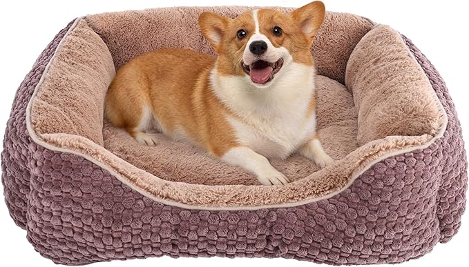 Plush Dog Bed Medium, Brown, Machine Washable, Dog Beds Sofa with Pillow Support, 25x21Inch, Corn Kernel Design, Non-Slip Bottom, Thick PP Cotton Padding