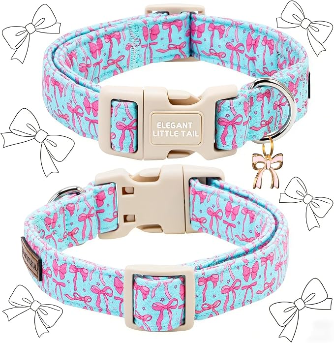 Elegant little tail Dog Collar,Pink Sailor Bow Pattern Pet Collars Dog Cotton Soft Sturdy Puppy Collars Female or Male Adjustable Collar for Small Medium Large Dogs
