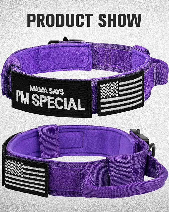 Joytale Tactical Dog Collar with Handle and Metal Buckle, Heavy Duty Padded Military Collar with 2 Patches for Training, Adjustable for XLarge Dogs, Purple, XL