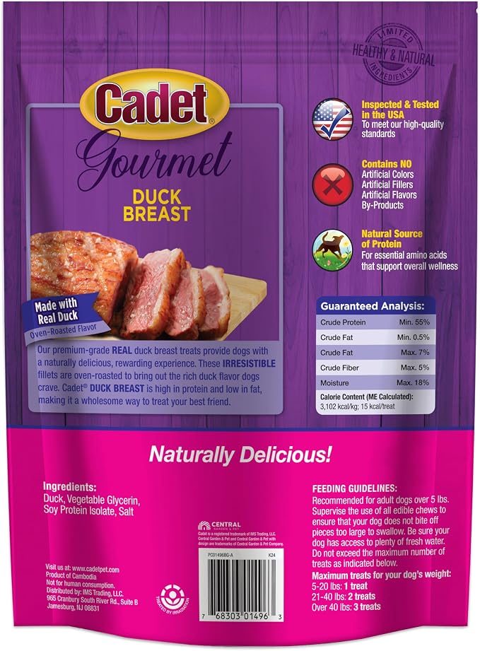 Cadet Gourmet Duck Jerky Dog Treats For Training - Healthy & Natural Dog Training Treats for Small & Large Breeds - Inspected & Tested in USA (40 oz.)