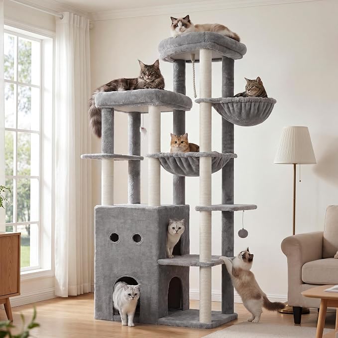 Heybly Cat Tree, 69.7 inches Secure Anti-Tip Cat Tower for Large Cats, Expansive Cat Furniture with Dual-Tier Cat Condo Villa, 2 Top Perches, Hammock & Full Sisal Scratching Posts, Light Gray HCT065W