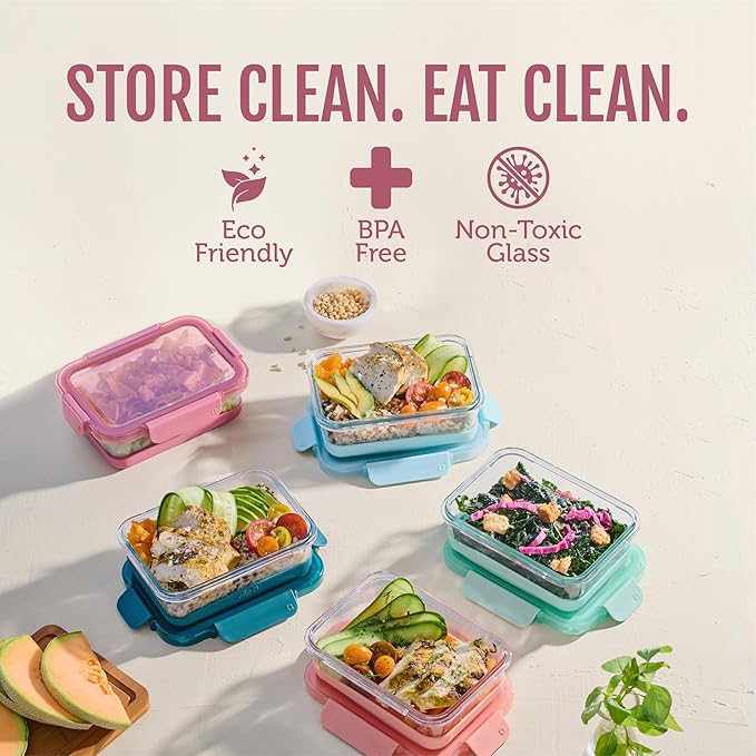 Ello Duraglass Refresh 3.4 Cup Meal Prep Sets 10Pc, 5 Pack Set- Glass Food Storage Container with Silicone Boot and Airtight BPA-Free Plastic Lids, Dishwasher, Microwave and Freezer Safe, Melon