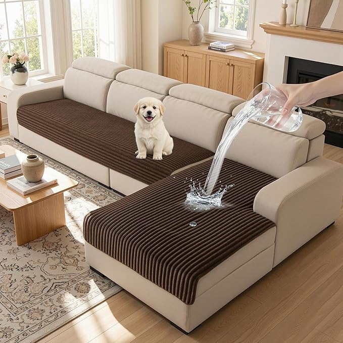 MYSKY HOME 100% Waterproof Couch Cover for Sectional Sofa L Shape, Pet Couch Covers for Sofa, L Shaped Couch Covers Non Slip 2 PCS Sofa Slipcover, Sofa Cover Washable, Chocolate, 35"x63"+35"x70.9"
