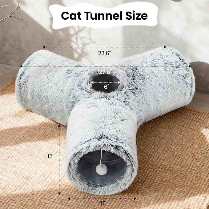 Tempcore Plush Cat Tunnel for Indoor Cats, 3 Way Collapsible Pet Play Tunnel with Teaser Wand, Peek Holes & Hanging Ball, Interactive Tube for Kittens & Rabbits, Light Grey