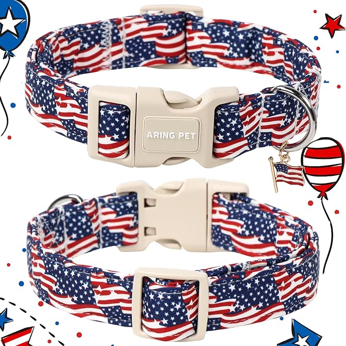 ARING PET 4th of July Collars for Dogs, Fourth of July Patriotic American USA Flag Red White Blue Dog Collar for Puppy Small Medium Large Boy Girl Doggy-M