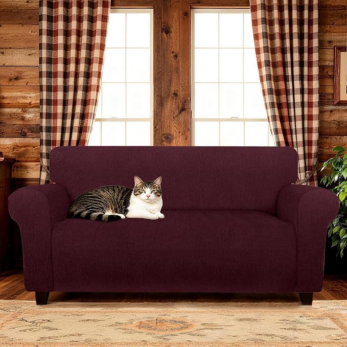 Waterproof Stretch Spandex Loveseat Couch Cover - Non-Slip Soft Sofa Slipcover with Elastic Bottom, Washable Leakproof Furniture Protector for Kids, Pets, Dogs & Cats (Loveseat, Burgundy)