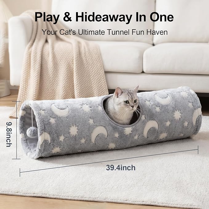 PAWISE Cat Tunnel for Indoor Cats, Glow in Dark Cat Tunnels with Cube Pop-Up, 3-Way Collapsible Cat Play Tunnel Toy for Cats Kittens Rabbits, with Hanging Ball & Bell