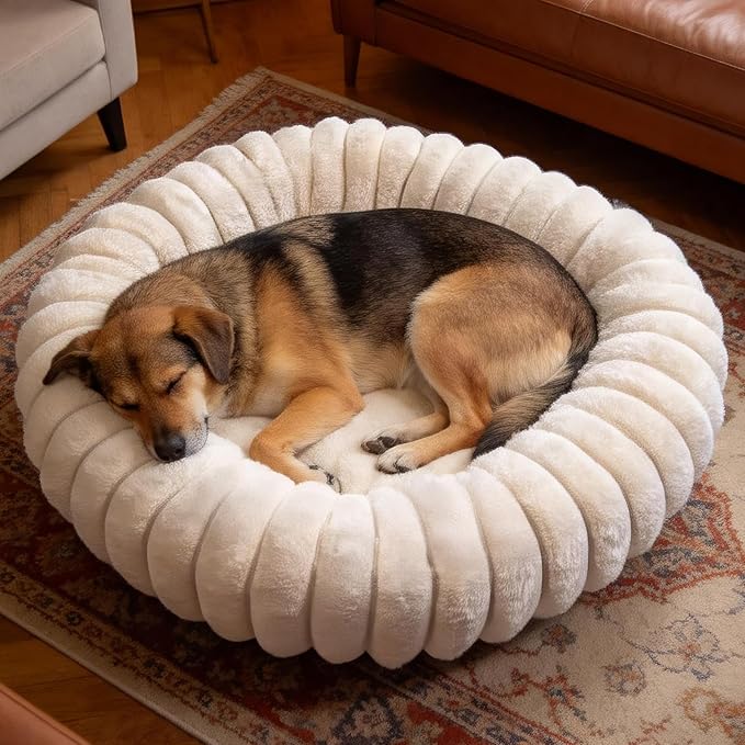 Donut Dog and Cat Bed, Luxurious Comfortable Faux Rabbit Fur Pet Beds, Round Anti-Anxiety Calming Puppy Kitten Bed with Anti-Slip Bottom for Small Medium Dogs & Cats(36", White)