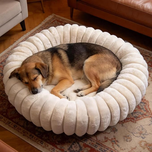 Donut Dog and Cat Bed, Luxurious Comfortable Faux Rabbit Fur Pet Beds, Round Anti-Anxiety Calming Puppy Kitten Bed with Anti-Slip Bottom for Small Medium Dogs & Cats(36", White)