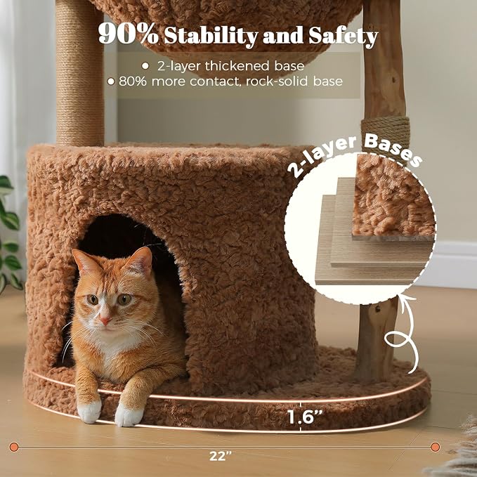 MUTTORS Modern Cat Tree for Indoor Cats, 40 Inches Natural Solid Wood Cat Tower for Large Cats, Aesthetic Cat Furniture with Top Rattan Basket, Hammock & Scratching Post, Brown
