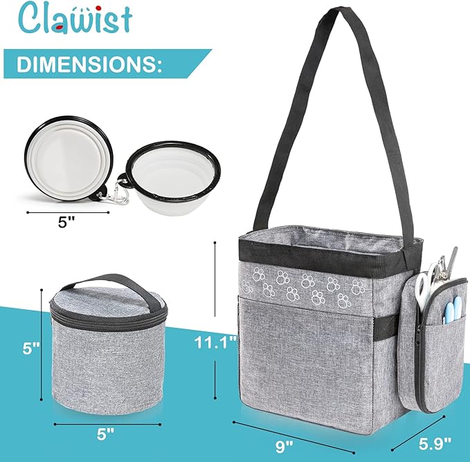 Dog Travel Bag with Treat Pouch, Airline Approved, 2 Food Containers, 2 Bowls，Grey，Small