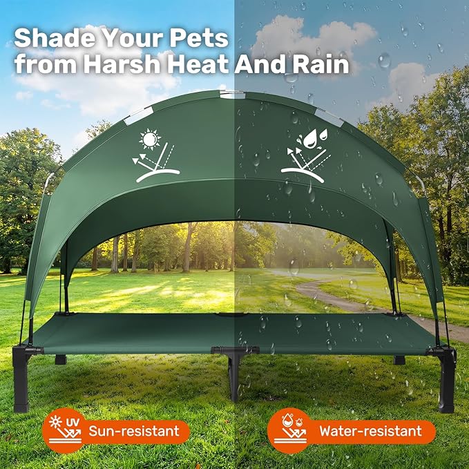 Heeyoo Elevated Dog Bed with Removable Canopy, Portable Dog Cot with Sun Protection Shade Tent, Raised Pet Cooling Cot Bed for Dogs, 60in