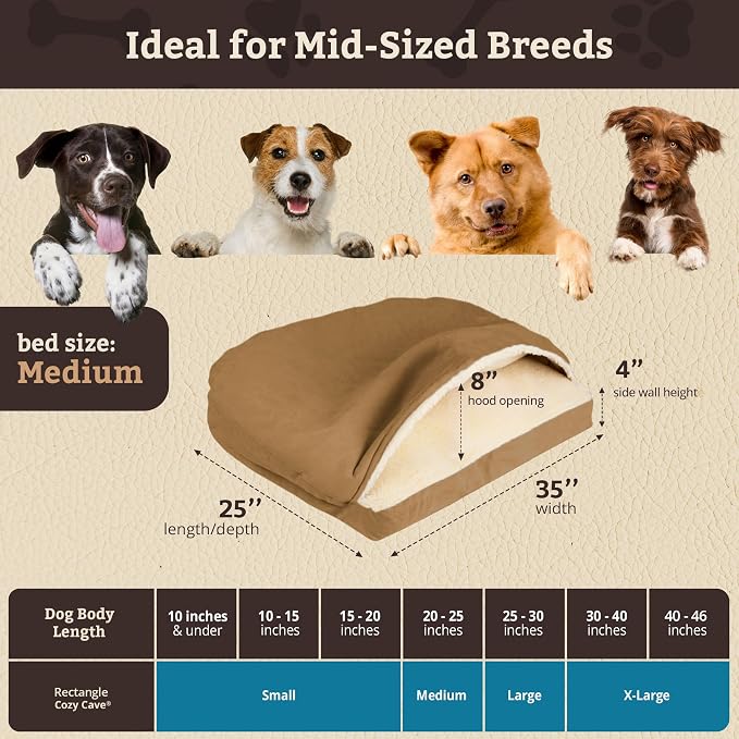 Snoozer Rectangle Cozy Cave Dog Bed - Indoor Dog Bed with Cover Cave, Covered Calming Burrow for Small & Medium Sized Pets with Blanket Attached, Enclosed, Washable Cover - Medium, Camel
