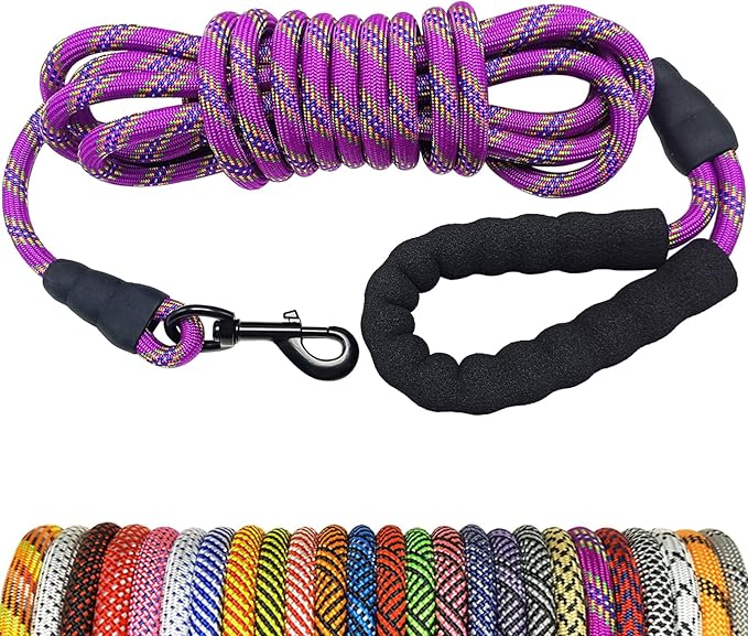 MayPaw Heavy Duty Rope Dog Leash, 6/8/10/15/20/30 FT Long Dog Lead Nylon Pet Leash, Soft Padded Handle Thick Lead Training Leashes for Large Medium Dogs (20ft * 1/2", Purple)