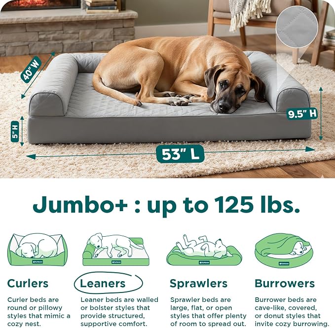 FurHaven Classic Sofa Orthopedic Dog Bed for Large Dogs, Egg Crate with a Solid Orthopedic Foam Base for Joint Support, Removable Washable Cover, Jumbo Plus XXL, Quilted Sofa, Silver Gray