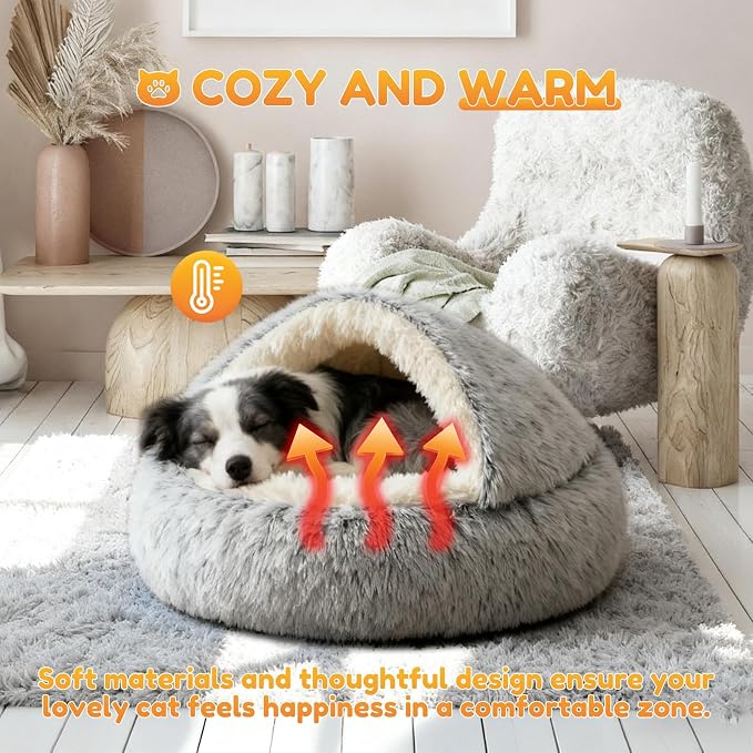 Calming Dog Bed Fluffy Plush Pet Bed Under 35 Pound，Large Cave Bed Washable Non-Slip Cat Nest Pod Windproof，Cozy Indoor Cave for Kitten Dog Non-Slip Bottom (L-31.5in)