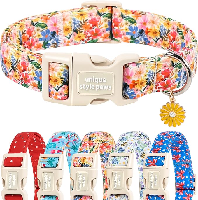 Unique style paws Dog Collar Plastic Buckle with Pendant Colorful Flower Puppy Collar for Spring Summer Blossoms Floral for Small Medium Large Boys Girls Dogs