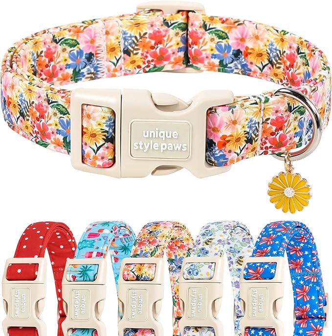 Unique style paws Dog Collar Plastic Buckle with Pendant Colorful Flower Puppy Collar for Spring Summer Blossoms Floral for Small Medium Large Boys Girls Dogs