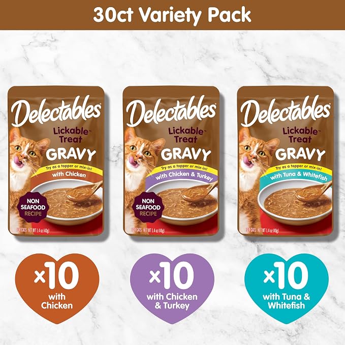 Delectables Lickable Treat Gravy Variety Wet Cat Treat & Food Topper, Food Topper, Hydrating, Grain-Free, No Fillers, No by-Products, No Added Preservatives, 1.4oz Pouch, 30 Pack